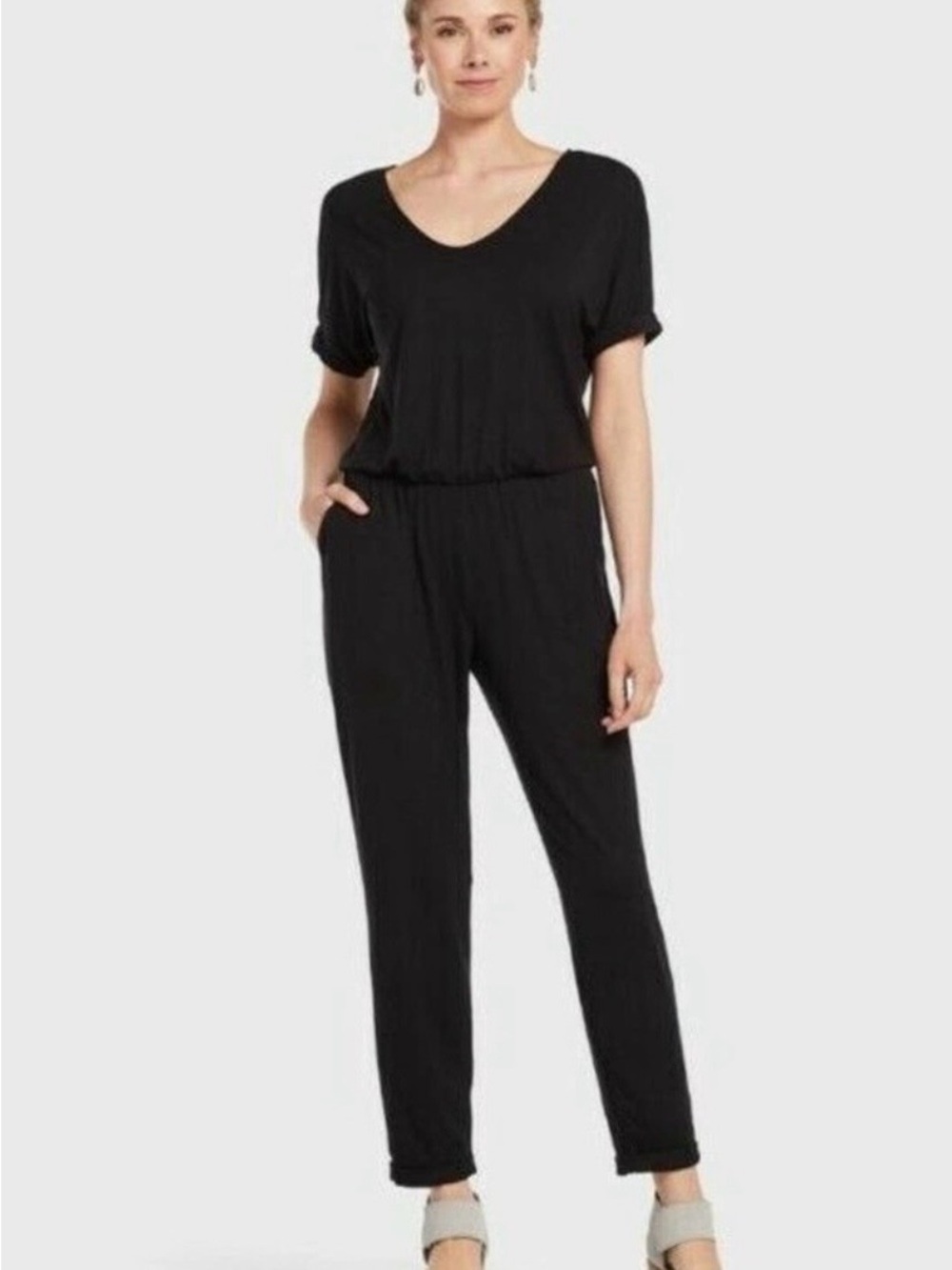 Michael Stars Rayon Black Cap-Sleeve V-Neck Jumpsuit Size XL Minimalist